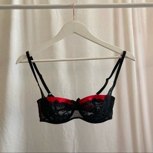 Victoria’s Secret black lace unlined bra with red accents 32D